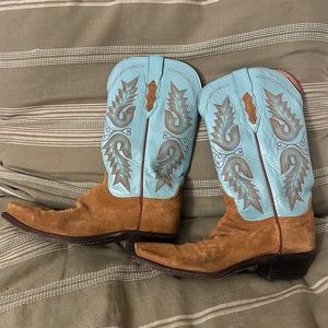 Lucchese Tan Suede & Light Blue Embroidered Heeled Boots